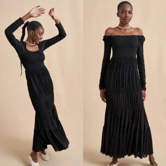 La Ligne Mariella Maxi Dress XS NEW Black Tiered Jersey Smocked Long Sleeve - Picture 8 of 8